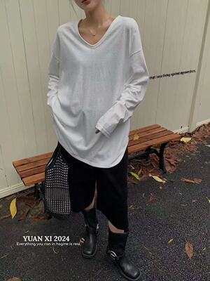 元熙8206纯色V领长袖T恤女2025秋冬季新款韩版宽松大版慵懒风上衣