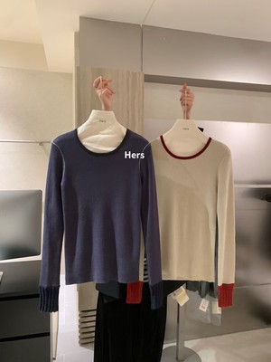 hers10174圆领拼色长袖T恤女春秋内搭打底衫修身针织弹力复古上衣