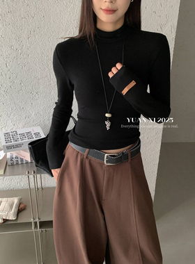 元熙8197-3秋冬新款中半高领加绒长袖T恤女 短款百搭打底衫上衣软