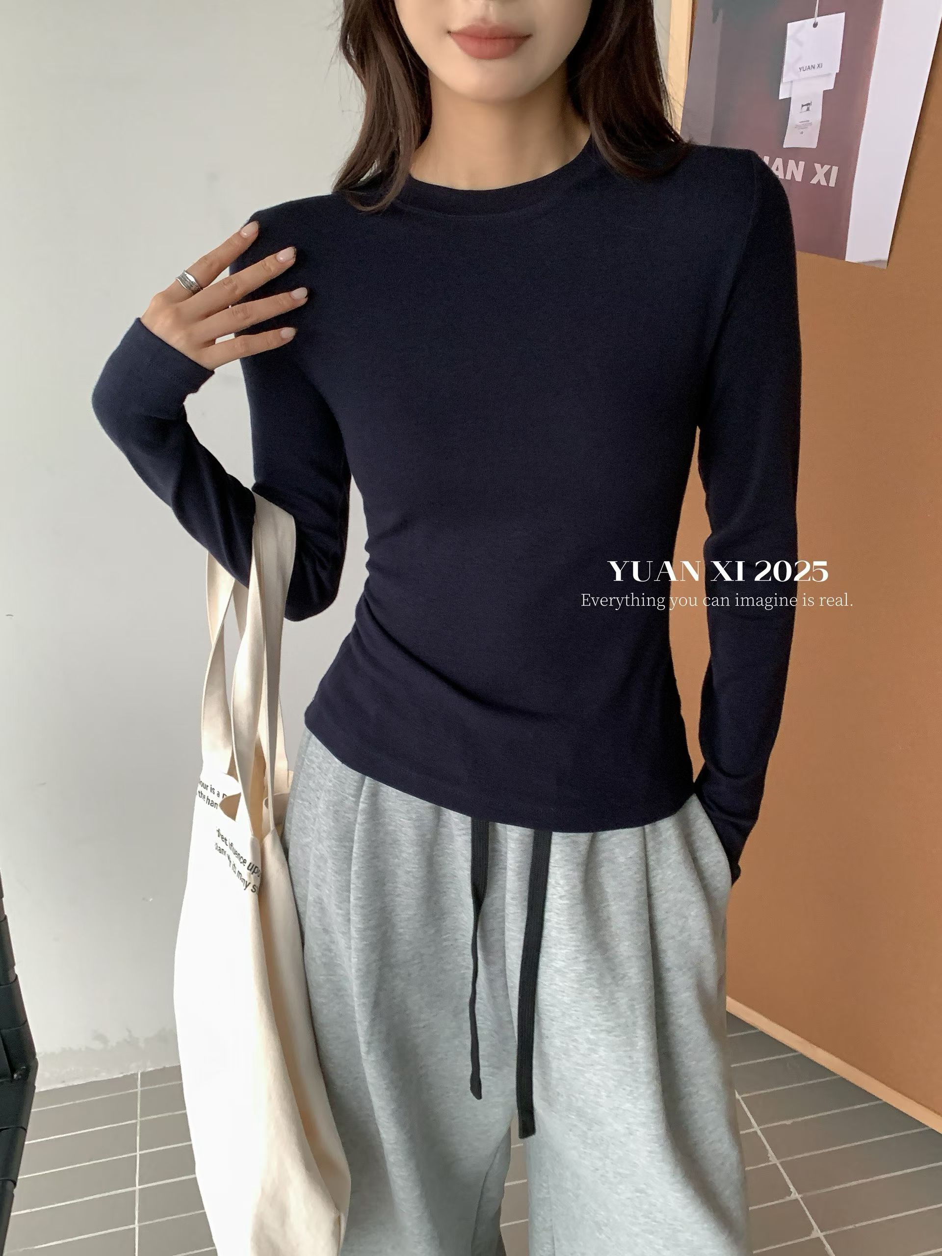 元熙6209-2韩系圆领长袖T恤女秋冬加绒加厚内搭磨毛打底衫上衣潮