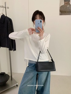 上衣白 秋冬小心机设计感打底衫 SUSAN26792网纱拼接圆领长袖 T恤女
