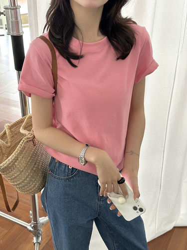柠檬8158百搭软糯云朵绒舒适短袖T恤女春夏圆领温柔风纯色上衣潮