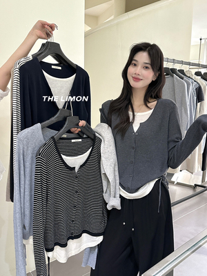 精致显瘦！柠檬绿茶潮流美式设计感假两件撞色收腰针织衫女秋5101