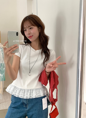 柠檬8289 韩版夏季甜美风减龄蕾丝花边拼接圆领短袖T恤女内搭上衣