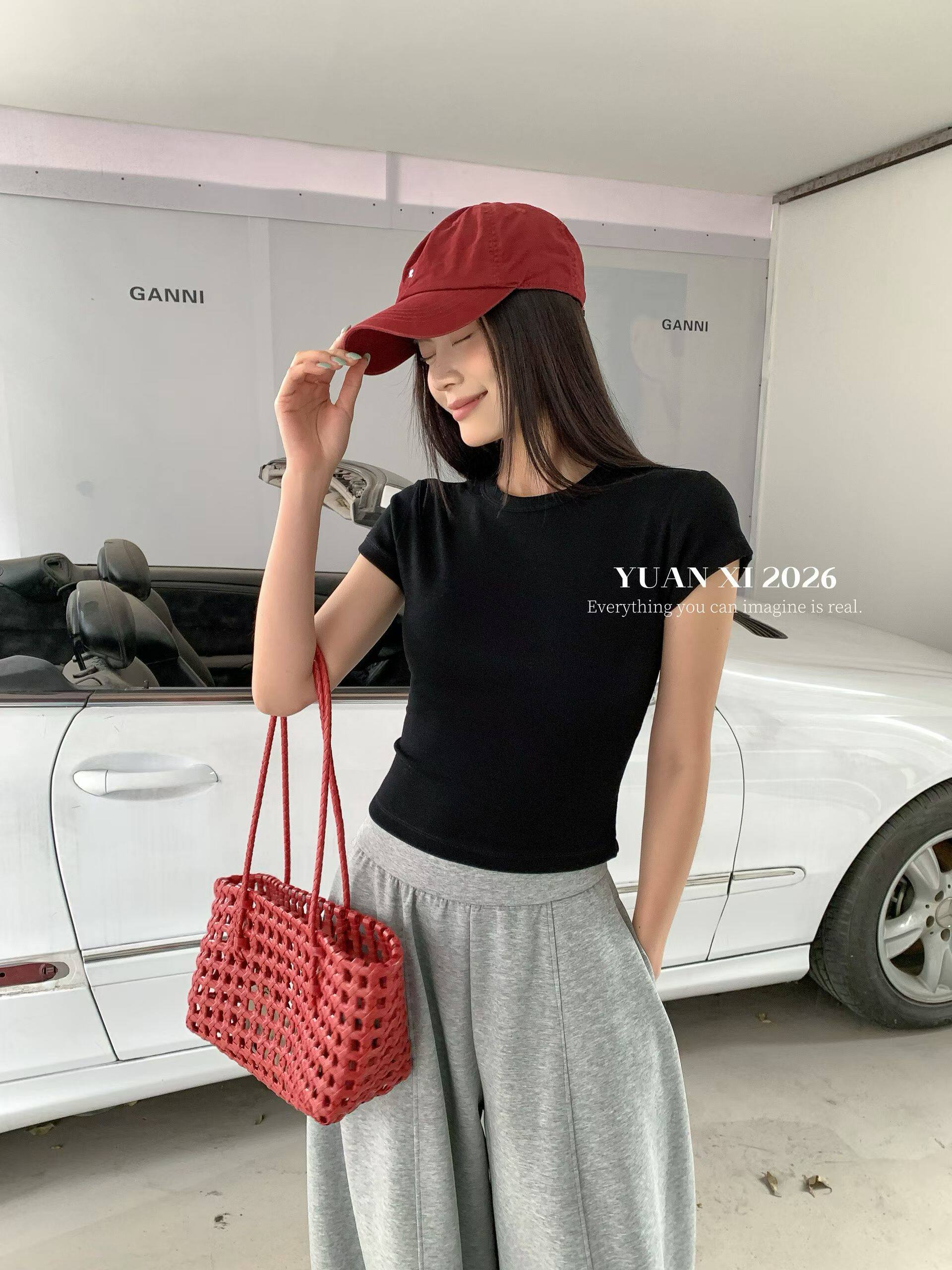 元熙YX70春夏新款简约百搭纯色修身显瘦圆领短袖T恤女螺纹棉上衣