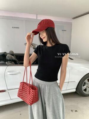 元熙YX70春夏新款简约百搭纯色修身显瘦圆领短袖T恤女螺纹棉上衣