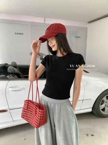 元熙YX70春夏新款简约百搭纯色修身显瘦圆领短袖T恤女螺纹棉上衣