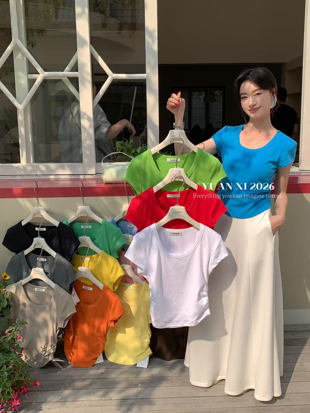 yuanxi元熙3065-3夏季U领抽皱设计感纯欲性感风收腰显瘦短袖T恤女