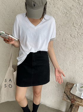 beyourself韩系V领短袖T恤女夏季宽松休闲百搭显瘦白色上衣68103