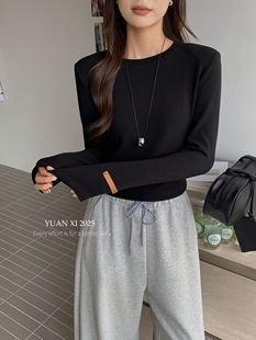 T恤女 1秋冬加绒圆领长袖 修身 显瘦内搭打底衫 上衣潮 元 短款 熙8197