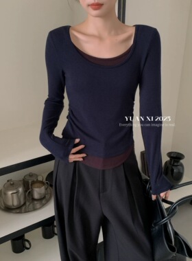 元熙6068韩简约假两件圆领套头长袖T恤女秋新款弹力显瘦百搭上衣