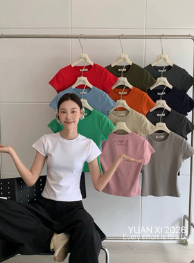 元熙3055-1夏春韩圆领短袖T恤女 百搭明星款小个子显瘦正肩上衣棉