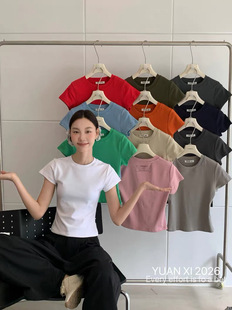 元熙3055-1夏春韩圆领短袖T恤女 百搭明星款小个子显瘦正肩上衣棉
