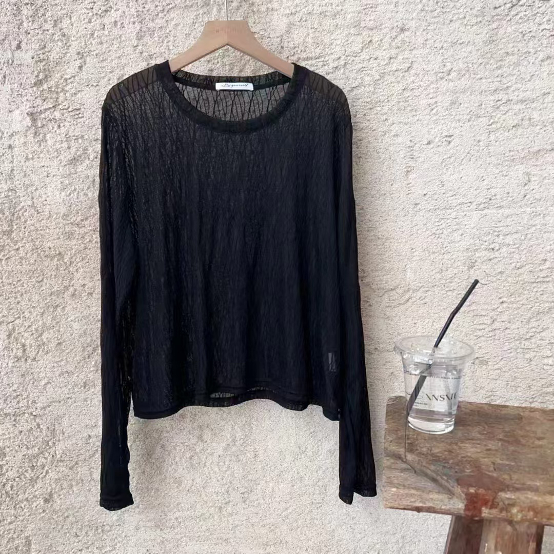 beyourself66670圆领套头透视性感纯欲长袖防晒衫女 夏季新款黑色