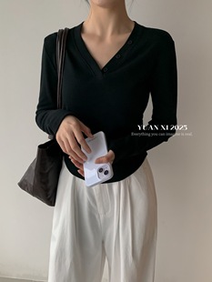 内搭上衣潮 T恤女2025秋冬显瘦收腰百搭打底衫 元 熙6038韩系V领长袖