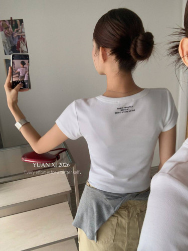 元熙7130韩版简约字母印花圆领短袖T恤女 夏季小个子修身显瘦上衣