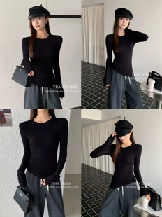 yuanxi元熙7225经典基础圆领长袖面膜T恤女 秋冬简约弹力打底衫春