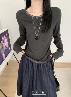 eternal.西子网纱拼接假两件长袖T恤女秋冬叠穿显瘦打底上衣51138