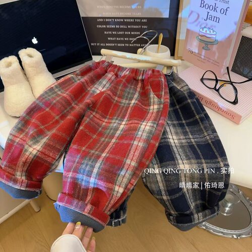 儿童加绒加厚格子直筒裤