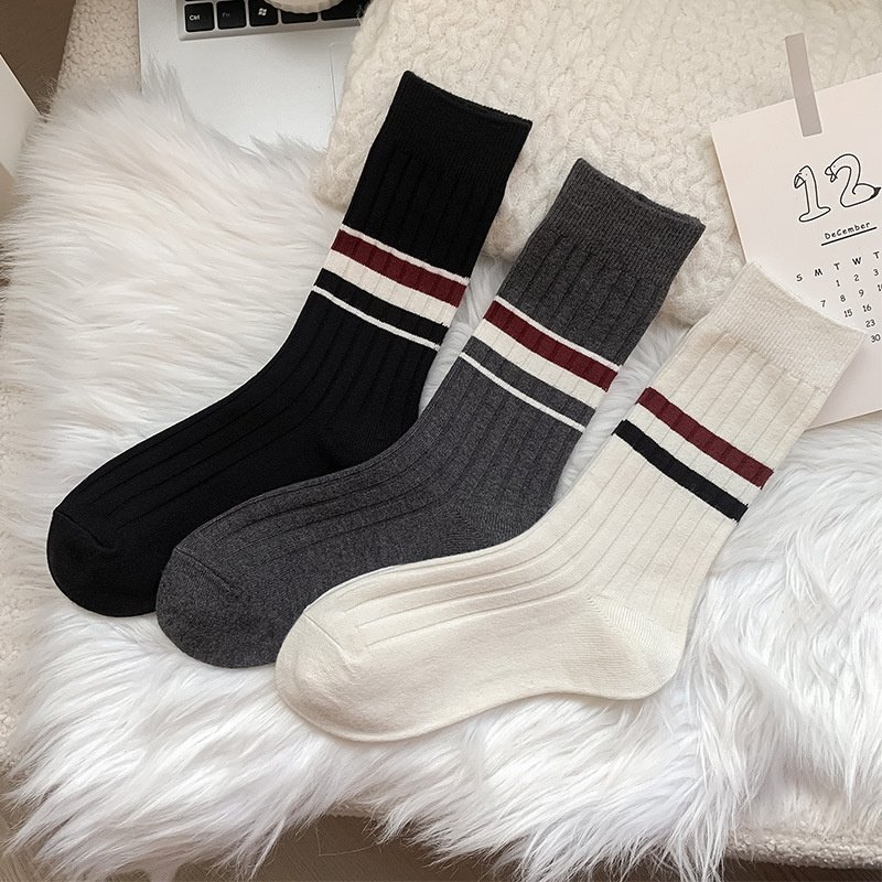 冬季袜子女士中筒袜韩系条纹长筒袜子保暖休闲袜百搭两杠堆堆袜