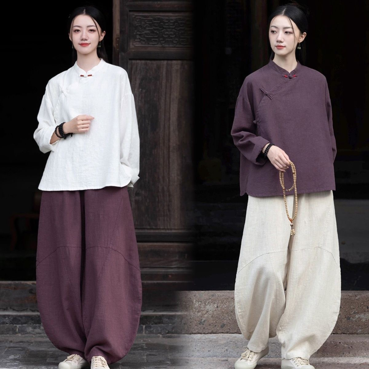 修行禅服女棉麻上衣中式复古斜襟盘扣立领长袖衬衫禅修居士服套装