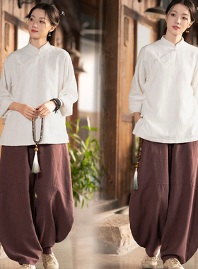 禅服女士套装中式拼色盘扣短袖棉麻上衣打坐冥想服装禅修居士服女