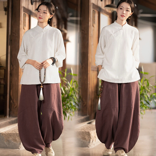 禅服女士套装中式拼色盘扣短袖棉麻上衣打坐冥想服装禅修居士服女