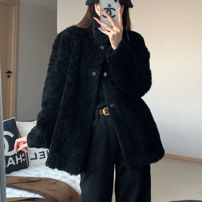 冬新款黑色羊羔毛中长款皮草
