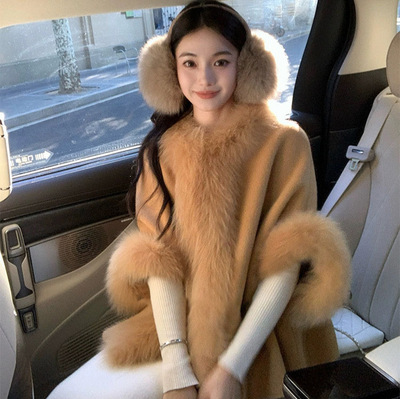 可露丽同款斗篷大衣双面呢皮草