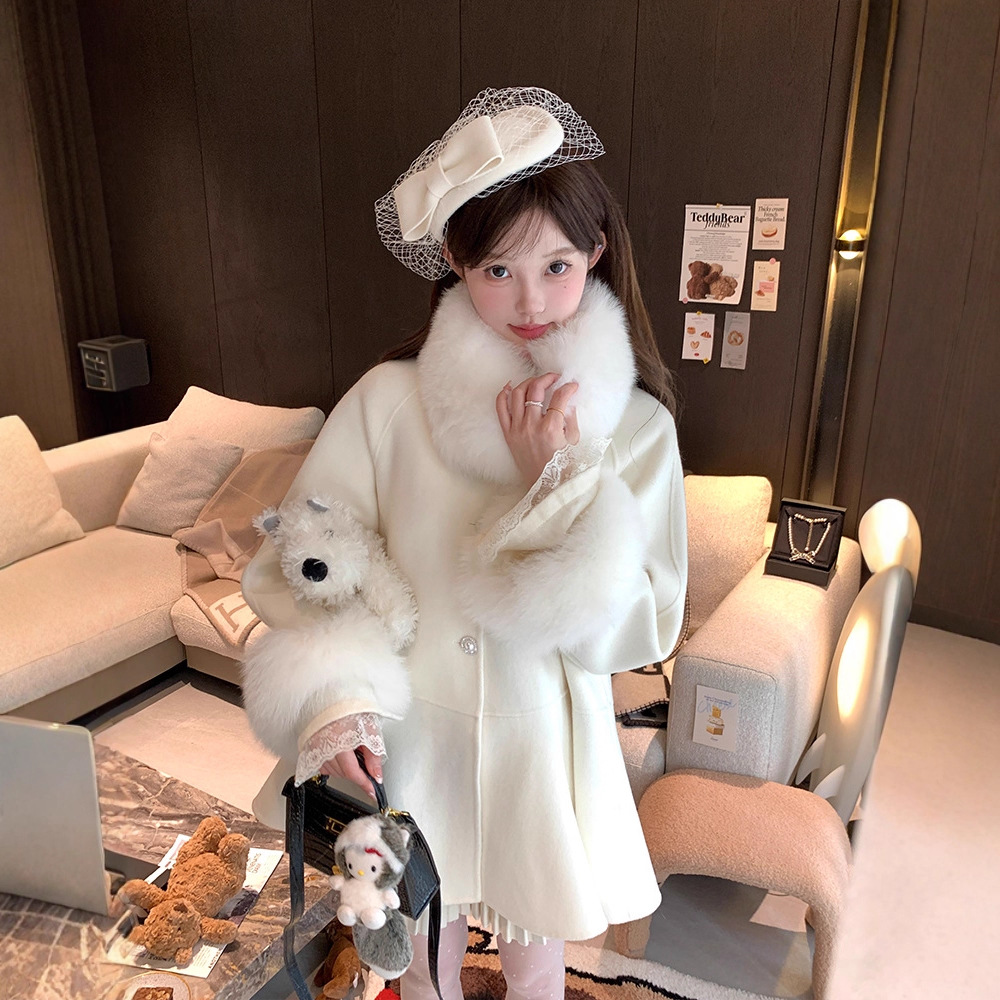 白色狐狸毛斗篷中长款皮草外套