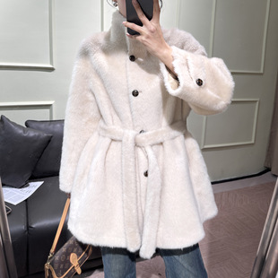 皮草中长款100羊毛外套全毛女法式中长款立领大衣系带气质显瘦女