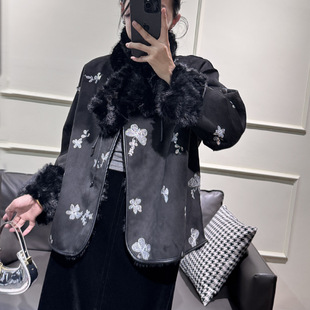 高级感新中式国风女装仿小湖羊皮草外套双面穿穿蝴蝶刺绣环保毛毛
