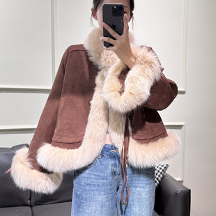 复古新款狐狸毛麂皮绒外套显瘦保暖鹅绒羽绒服海宁皮草毛毛大衣女