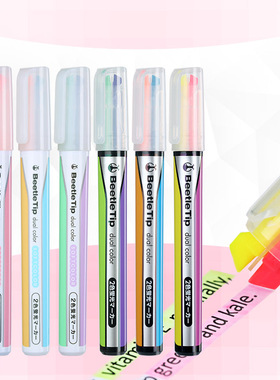 日本KOKUYO国誉学生甲壳虫彩色荧光笔着重标记笔淡色记号笔学习双色重点标记笔创意可爱学生手帐笔双线笔L303