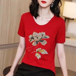 t恤女 纯棉短袖 冰丝半袖 时尚 2022年新款 洋气重工夏季 烫钻红色上衣