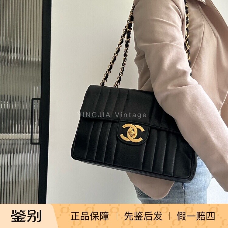 Chanel黑金鱼子酱竖条纹贝嫂扣链条包