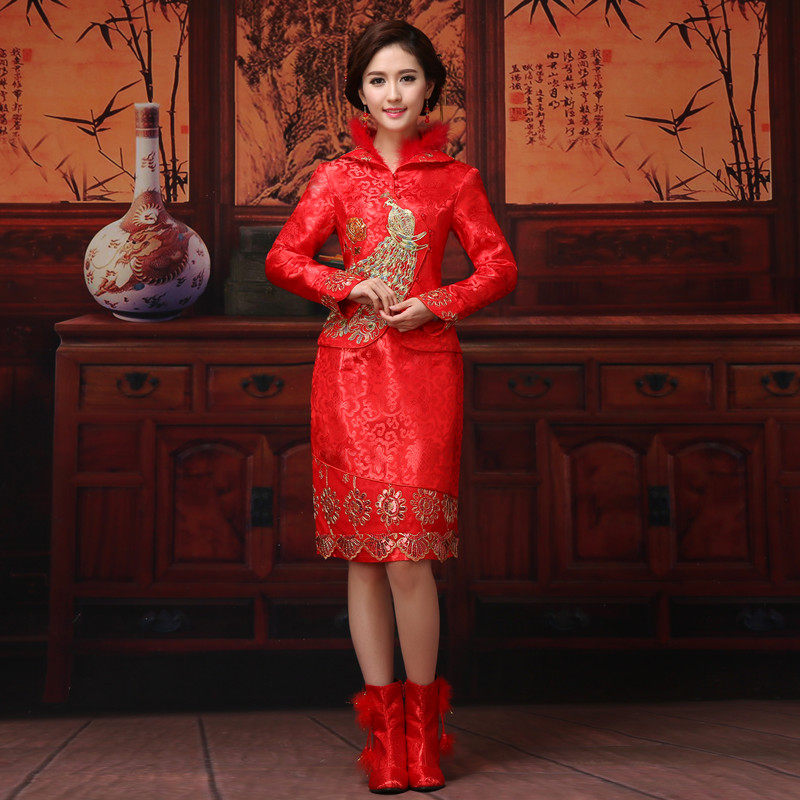 复古酒店迎宾红色礼仪服中式新娘结婚敬酒连衣裙开业剪彩长款旗袍