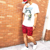 男士 型四分速干花色松紧腰中裤 红色水洗短裤 版 经典 MANYFO2025新品