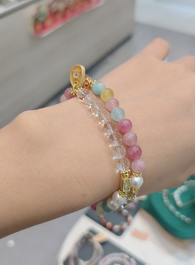 天然石 天然珍珠手链女ins小众设计双层手串手环手饰品