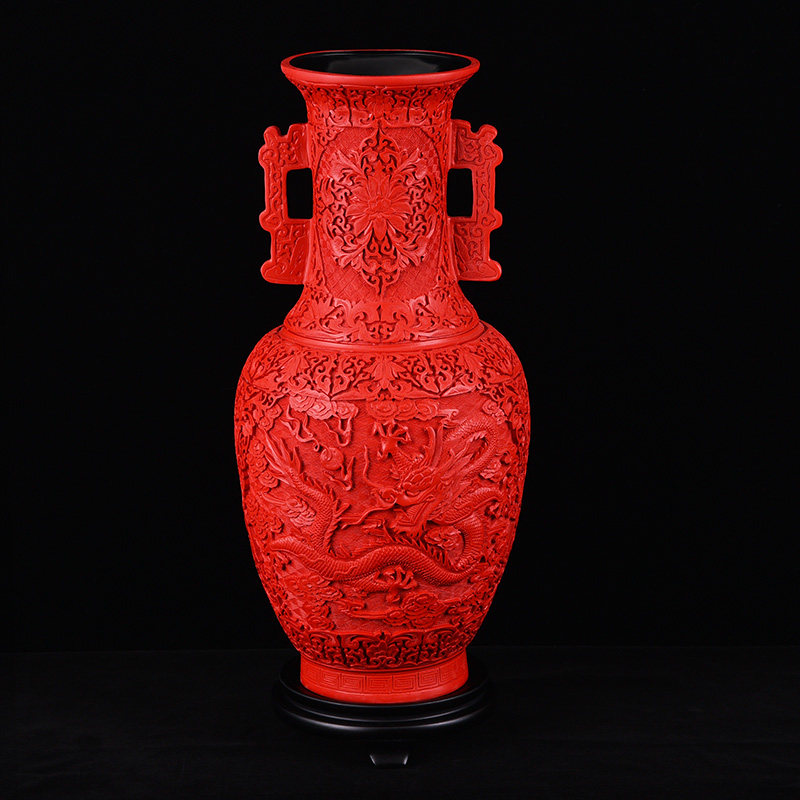 扬州特产漆器双耳龙花瓶剔红摆件