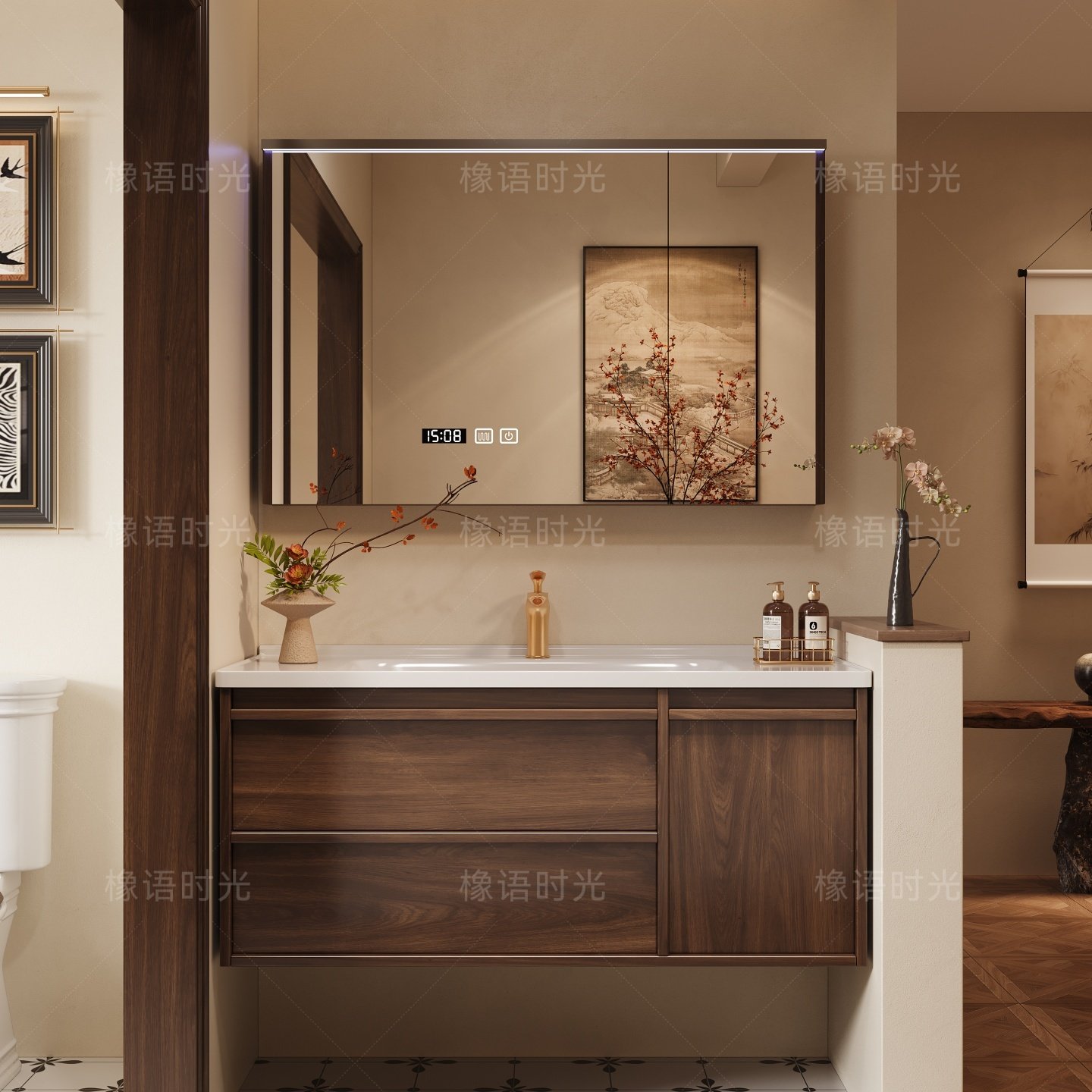 中古风橡木乌金木浴室柜组合卫生间吊柜洗漱台智能实木陶瓷一体盆,家装主材,浴室柜组合,淘宝优惠券,粉丝福利购,淘宝优惠卷