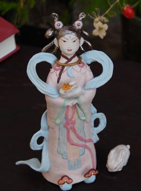 孤品掉落|手工陶塑人物嫦娥之玉兔桂花陶瓷雕塑家居摆件