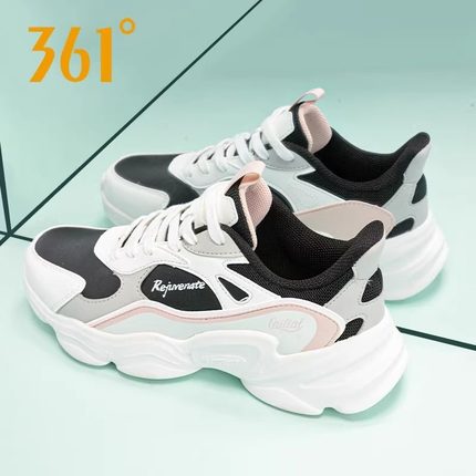 361女鞋皮面运动鞋女2025新款秋季黑白跑步鞋旗舰店厚底老爹鞋子