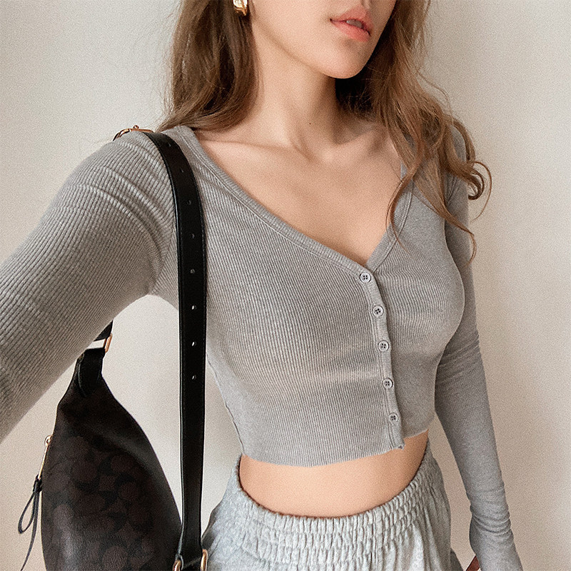 欧美v领长袖针织衫女泫雅性感短款露脐单排扣开衫t恤复古打底上衣