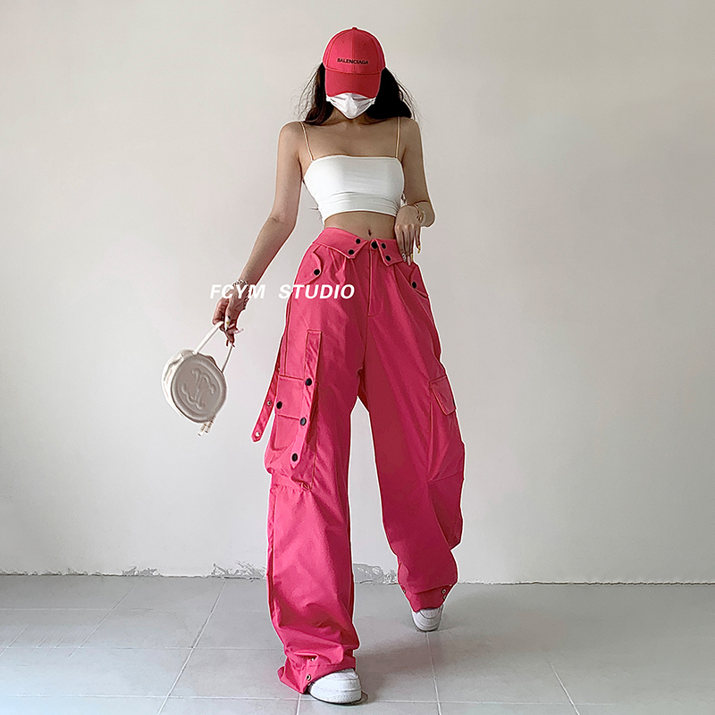 风车与矛 工装裤女夏季宽松阔腿裤甜酷风高腰束脚直筒裤休闲裤子