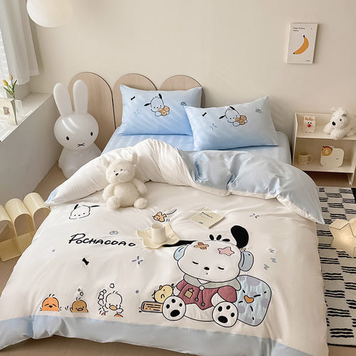卡通可爱帕恰狗纯棉水洗棉四件套全棉卡通儿童床单被套宿舍三件套