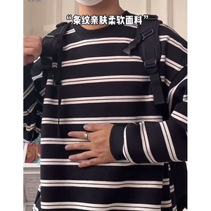 502-2-WY101-P58秋季美式复古撞色条纹上衣男士重磅圆领长袖t恤潮图片