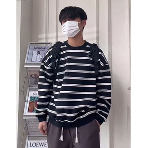 502-2-WY101-P58秋季美式复古撞色条纹上衣男士重磅圆领长袖t恤潮图片