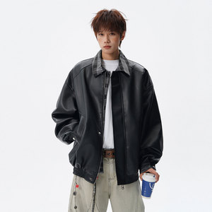 现货502-2-JK032-P128春款皮衣男假两件格纹拼接夹克控168，男装夹克，星座502-2（原1014A）