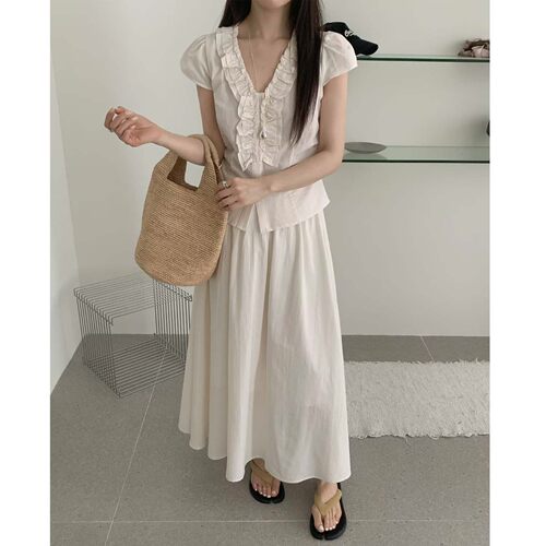 法式V领荷叶边A字裙套装夏款